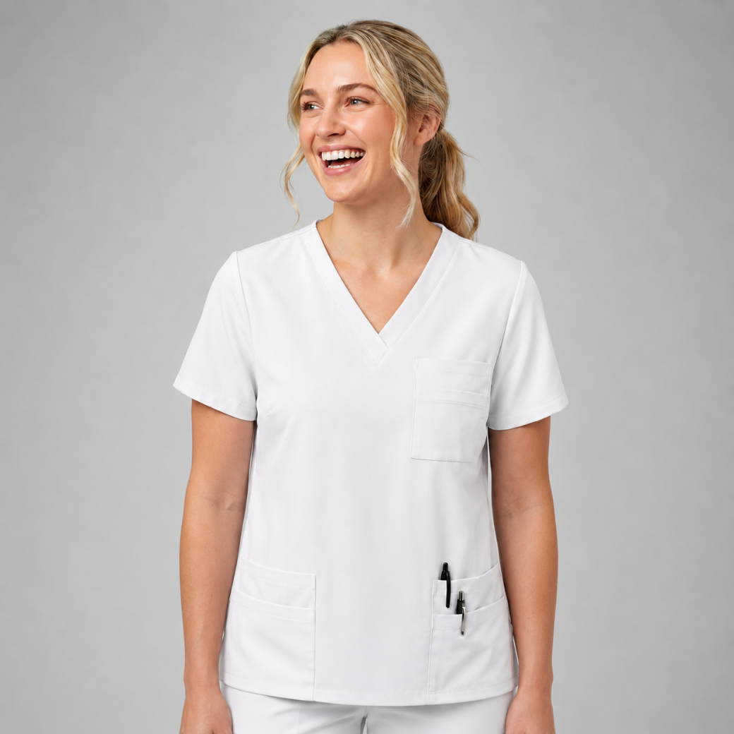 Halcyra White V-Neck Scrub Top