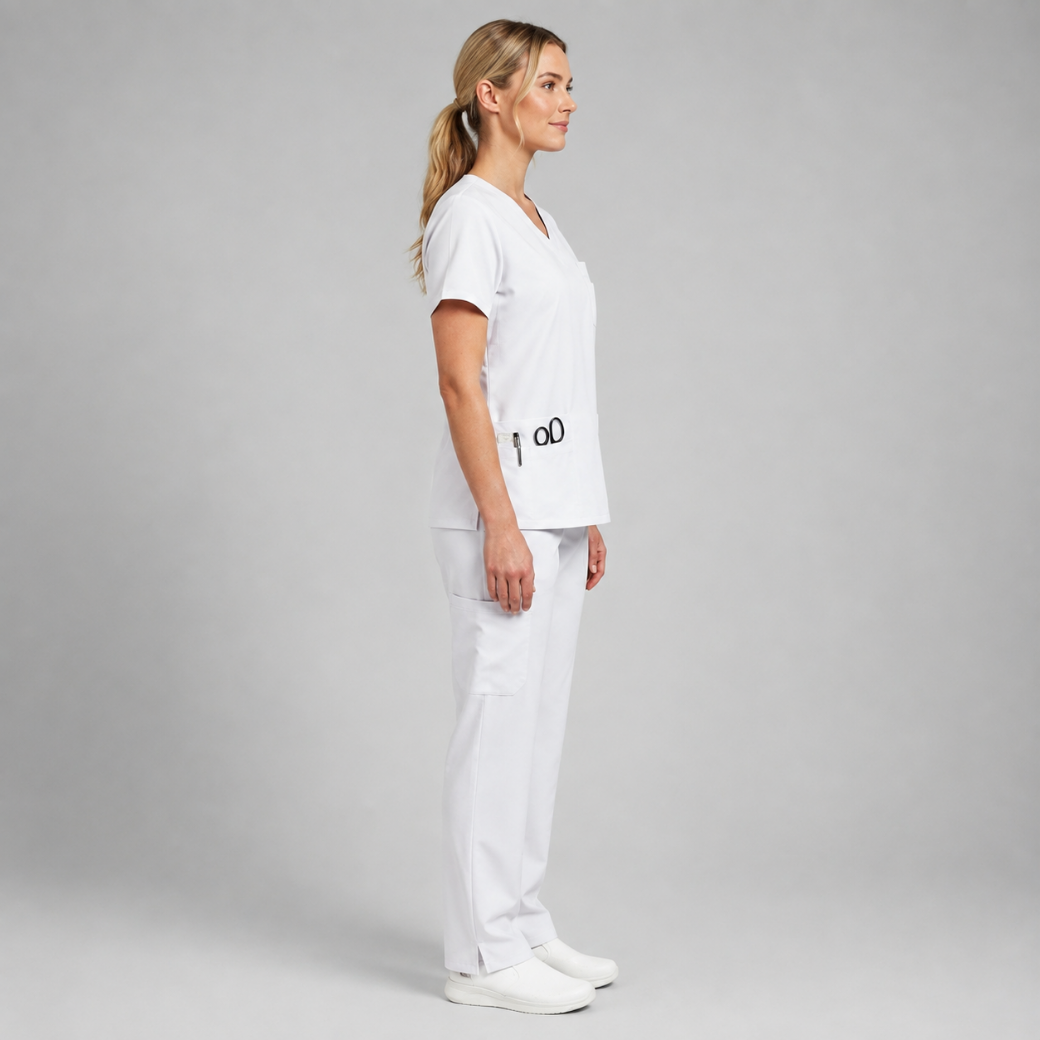 Halcyra White V-Neck Scrub Top