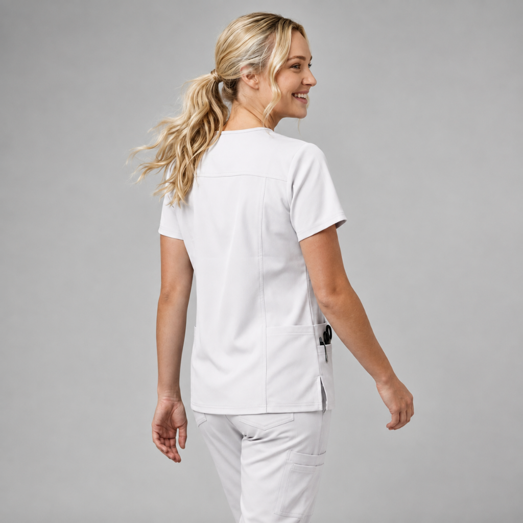 Halcyra White V-Neck Scrub Top