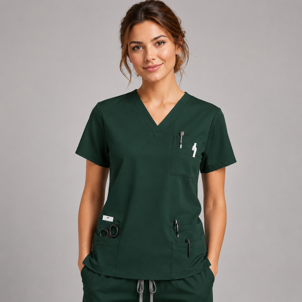 Halcyra Dark Green V-Neck Scrub Top
