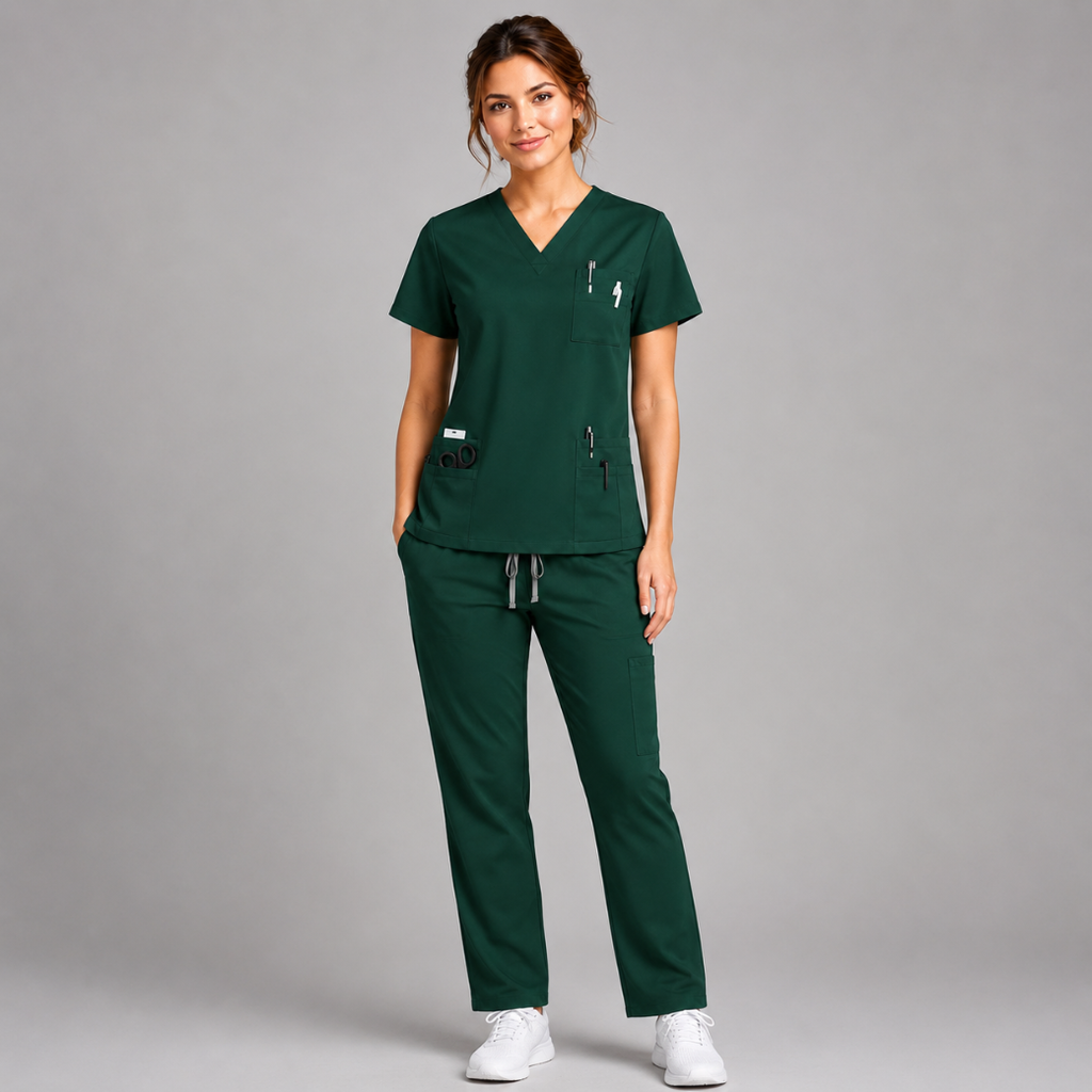 Halcyra Dark Green V-Neck Scrub Top