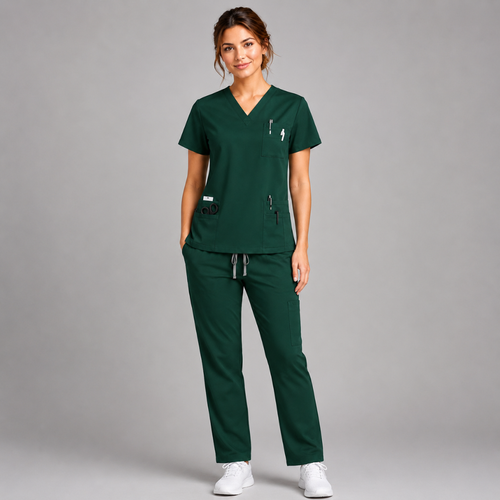 Halcyra Dark Green V-Neck Scrub Top