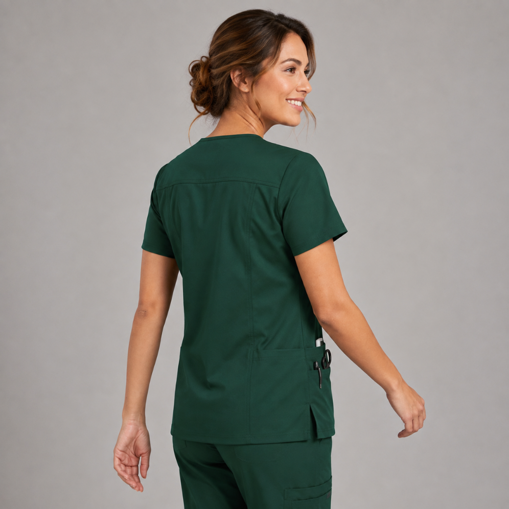 Halcyra Dark Green V-Neck Scrub Top