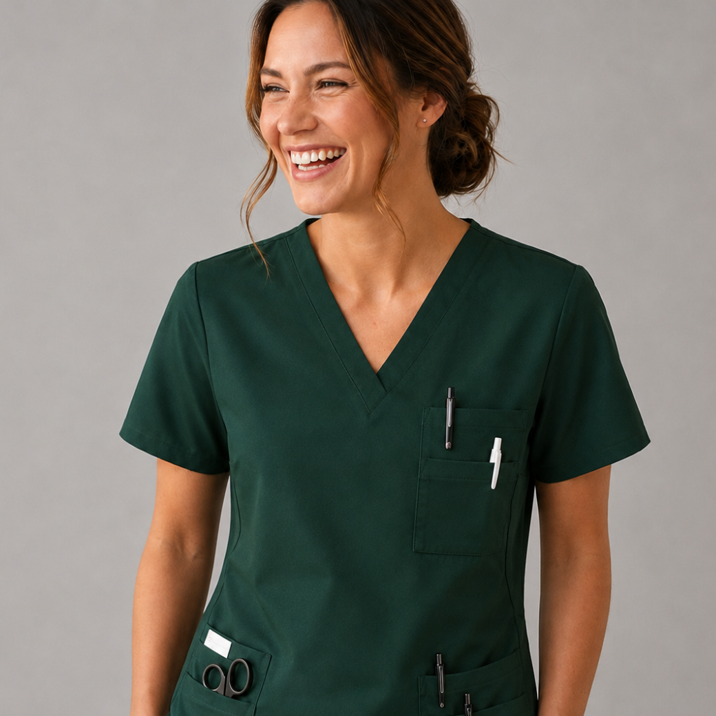 Halcyra Dark Green V-Neck Scrub Top