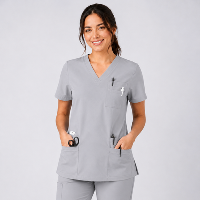 Halcyra Light Grey V-Neck Scrub Top