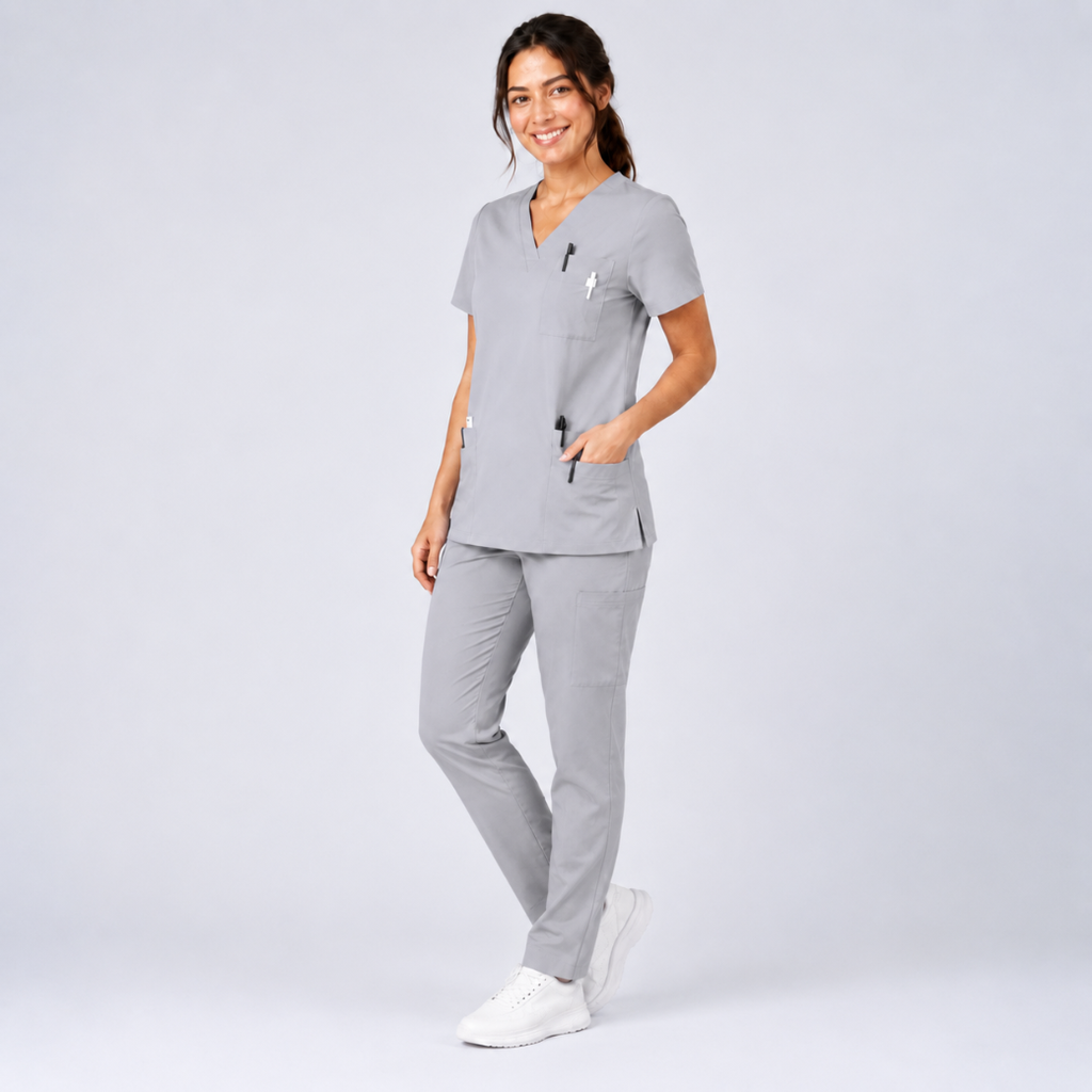 Halcyra Light Grey V-Neck Scrub Top