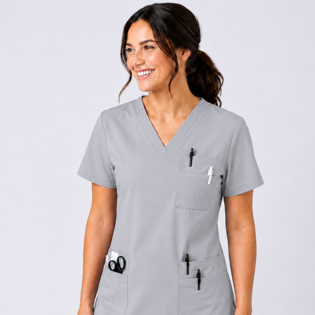 Halcyra Light Grey V-Neck Scrub Top