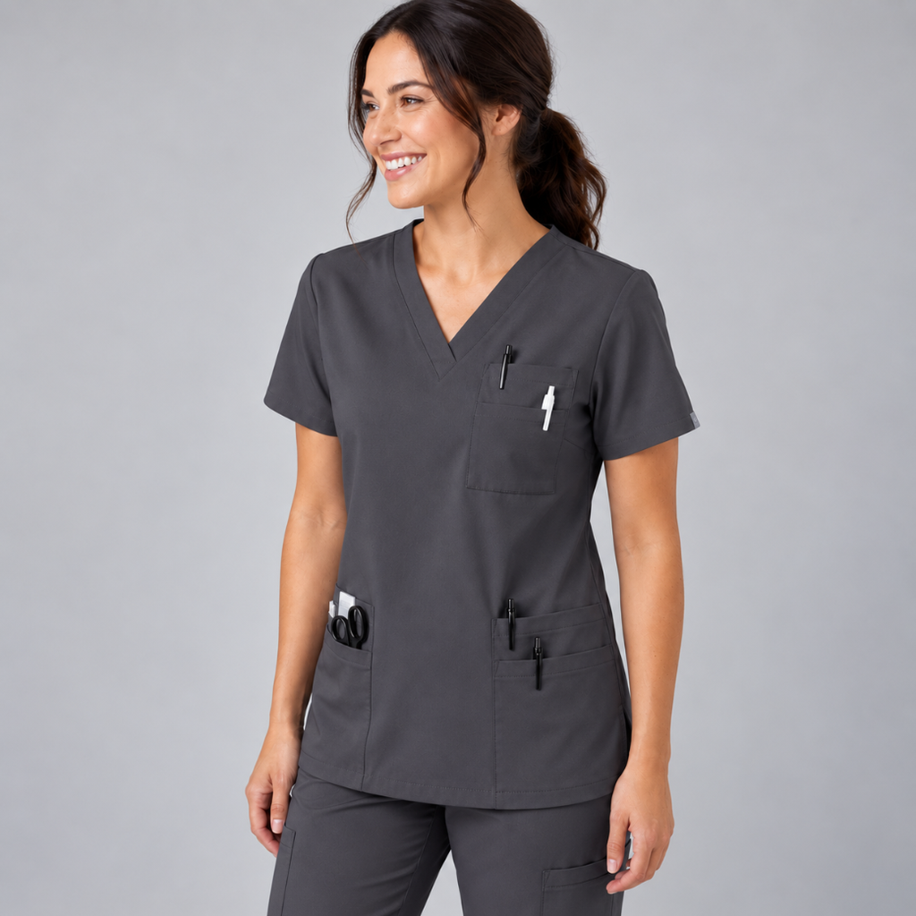 Halcyra Dark Grey V-Neck Scrub Top
