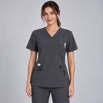 Halcyra Dark Grey V-Neck Scrub Top