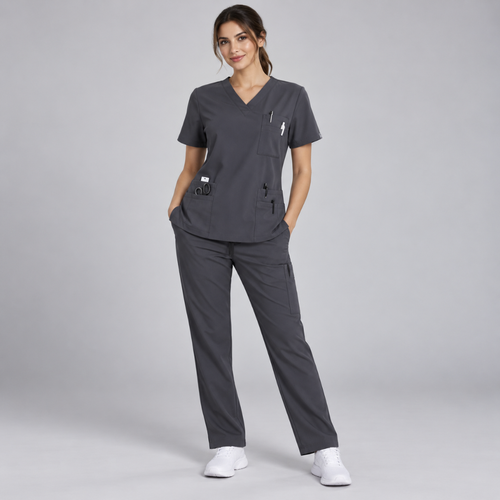 Halcyra Dark Grey V-Neck Scrub Top