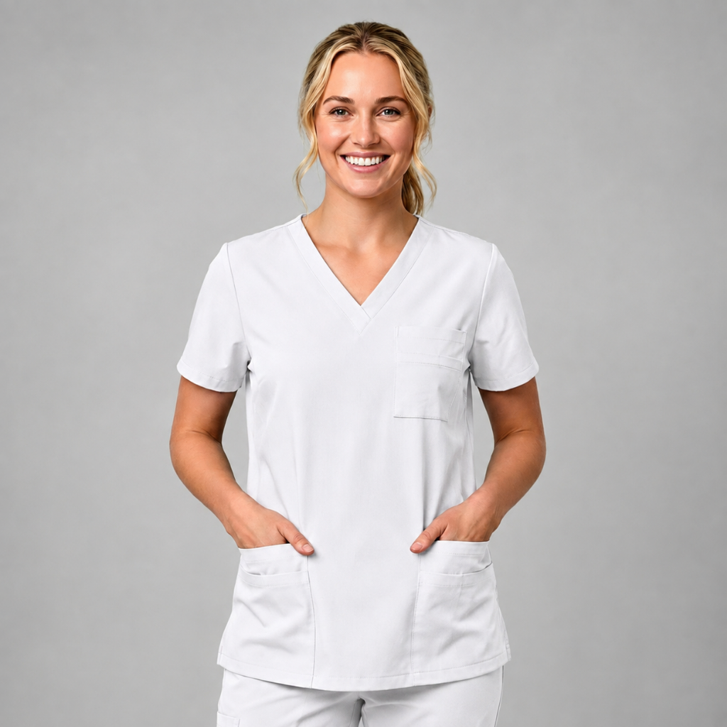 Halcyra White V-Neck Scrub Top