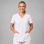 Halcyra White V-Neck Scrub Top